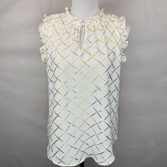 Como Black Tops - Como Black Ladies Sz S Blouse White Gold Print ruched round neck keyhole